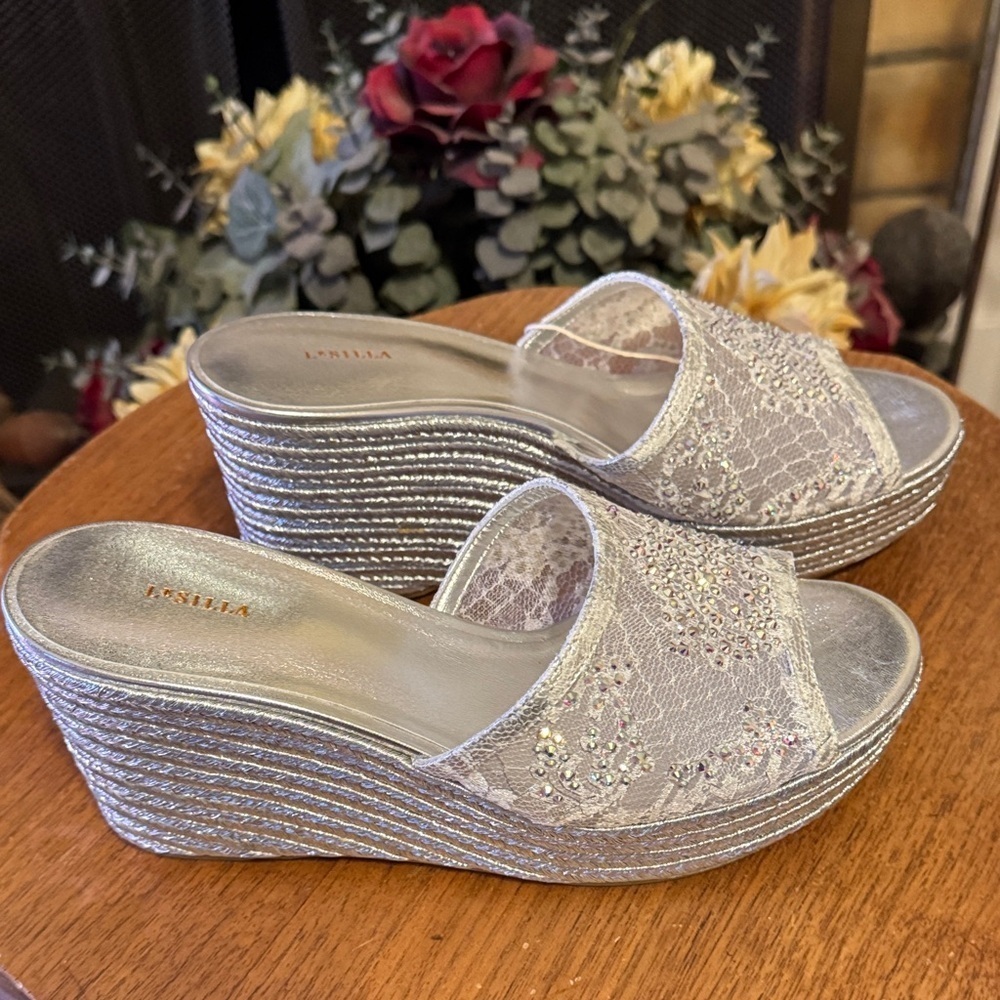 NWT Elegant LeSilla Silver with AB Crystals Women's Wedge Platform Sandals - Picture 8 of 15